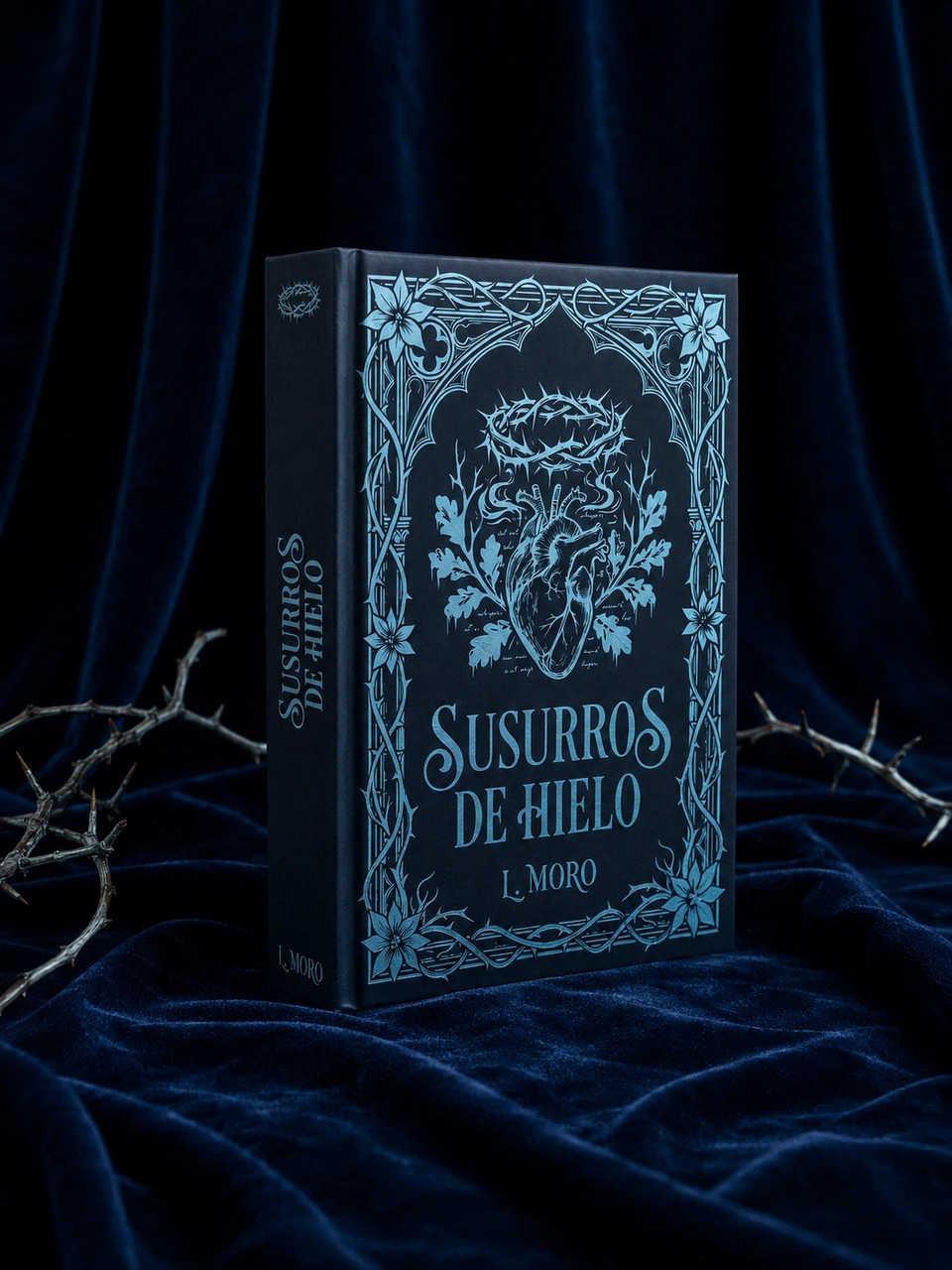 Susurros de Hielo hardcover with icy blue ornament and an anatomical heart, standing on dark blue velvet.