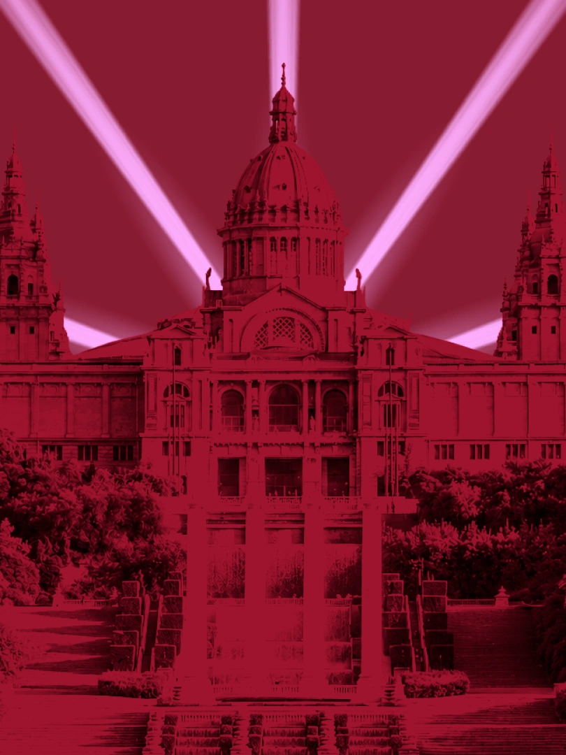 Barcelona Architects Ceremony artwork with the MNAC central dome in red and pink beams of light.