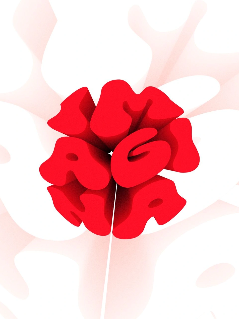 Red sculptural Imagina lettering forming a flower on a white background.