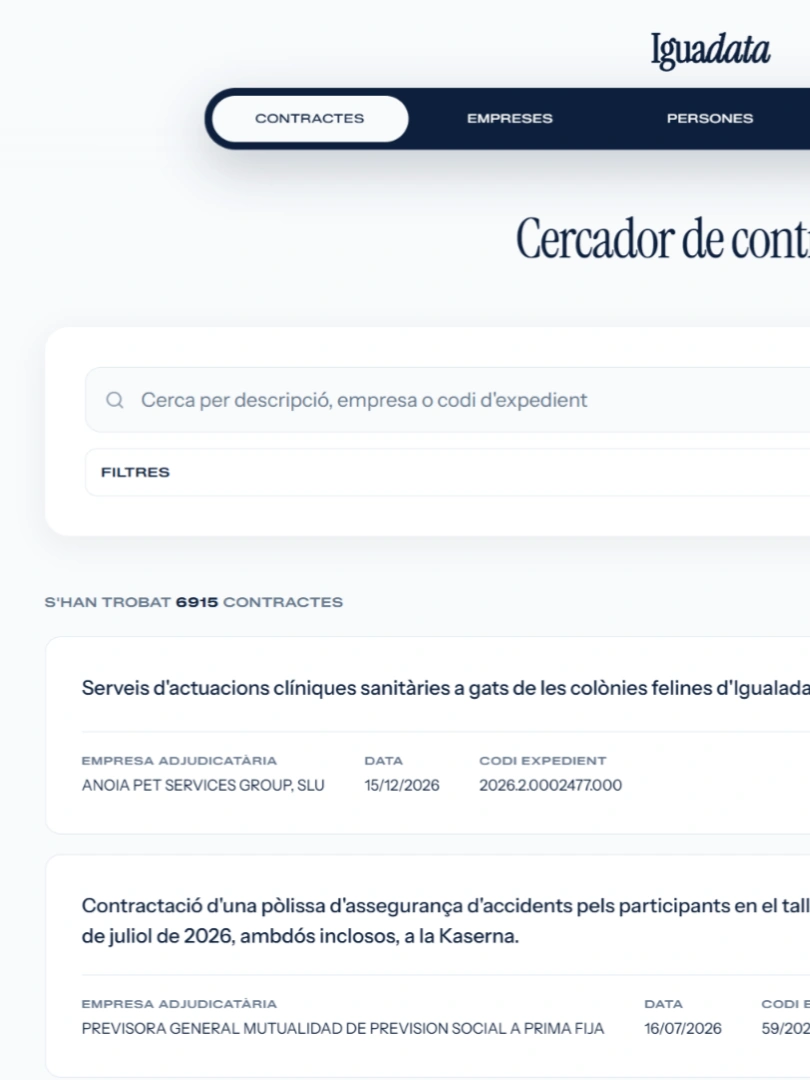 Iguadata contract search interface with search filters and public procurement records.