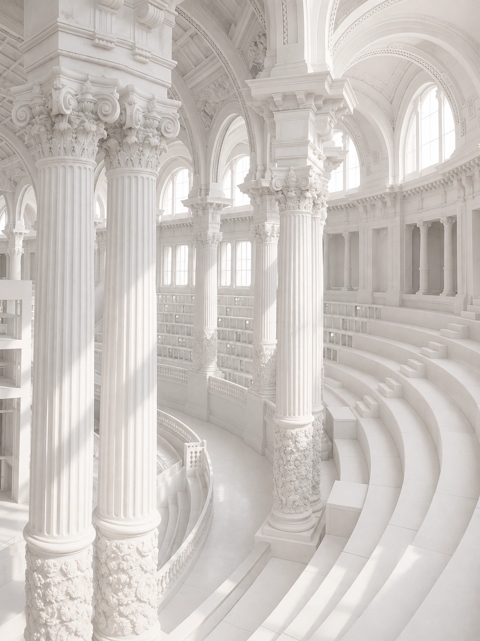White clay architectural visualization of the columns and curved tiers of the MNAC Sala Oval.