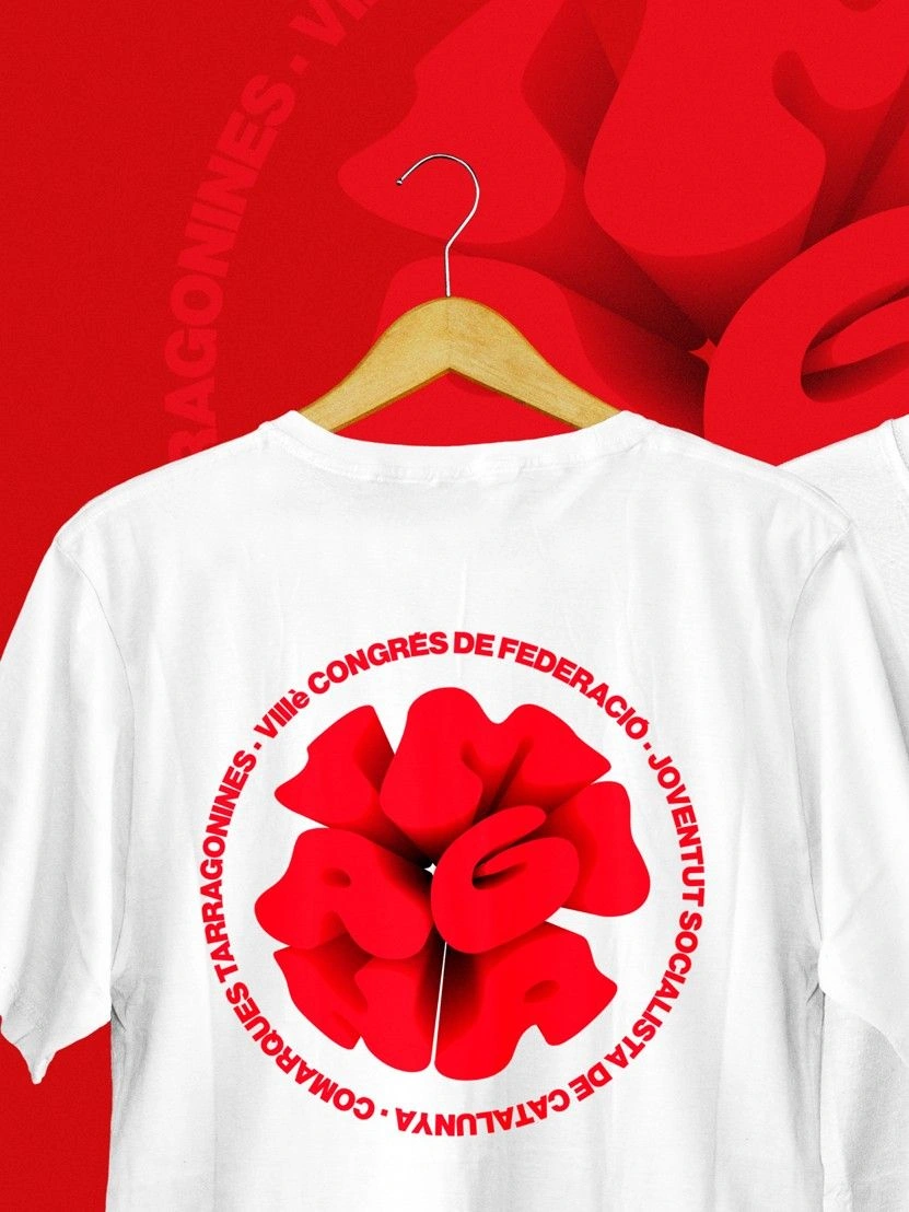 Back of a white T-shirt on a wooden hanger, with the red Imagina identity printed in a circular design.