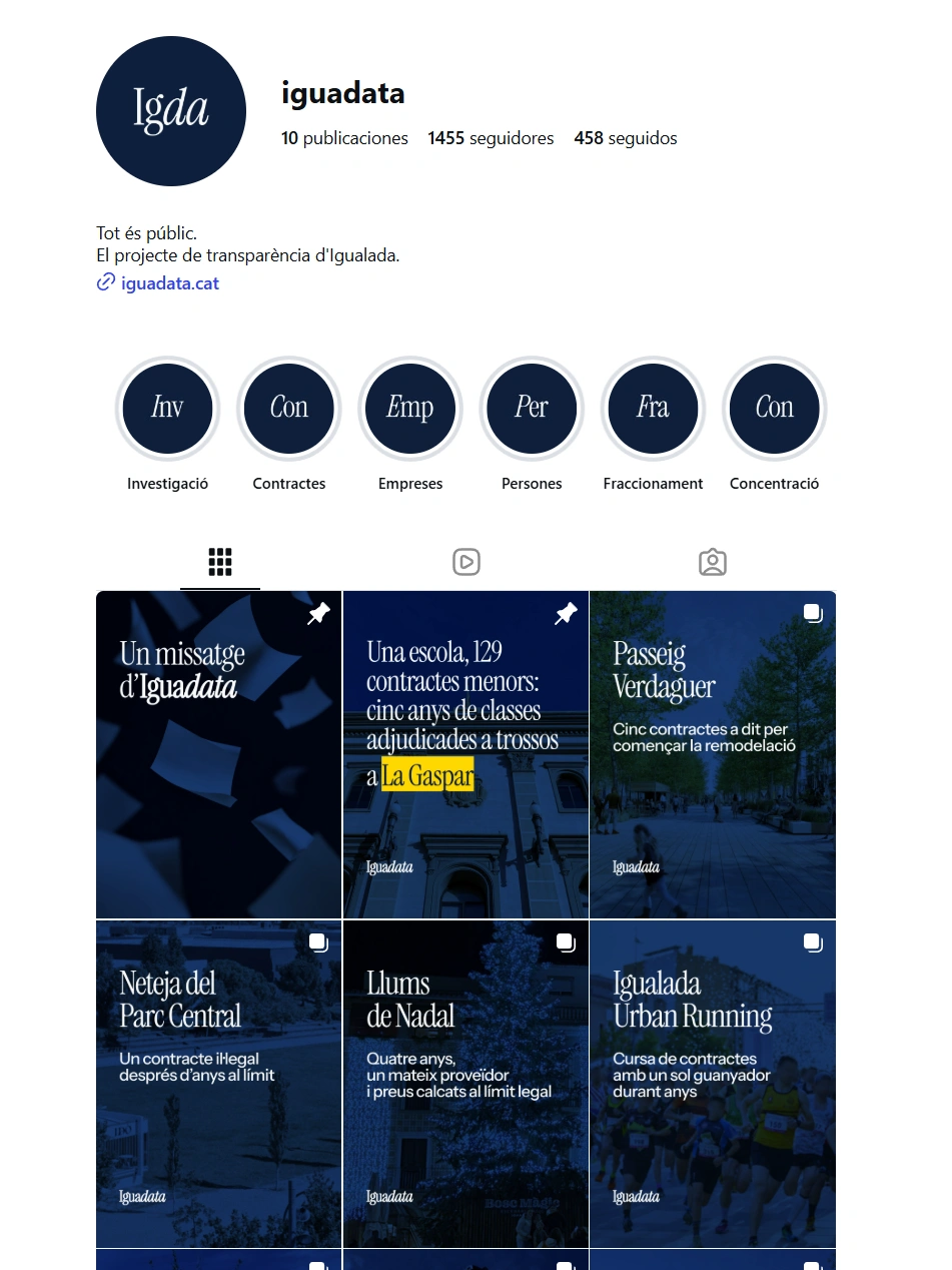 Iguadata Instagram profile with story highlights and a grid of blue editorial posts.