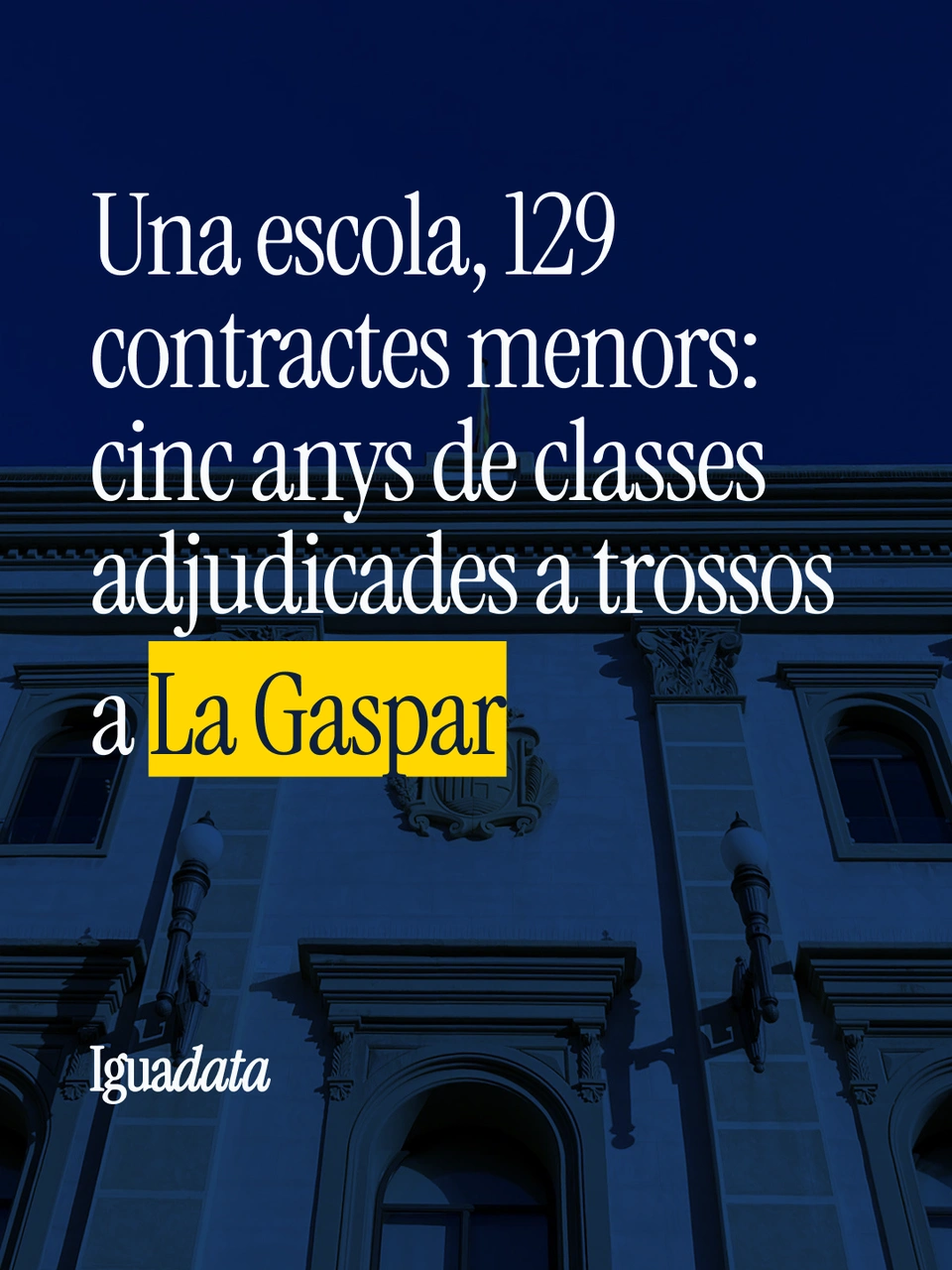Iguadata editorial graphic about La Gaspar, with white typography and a yellow highlight over a blue photograph.