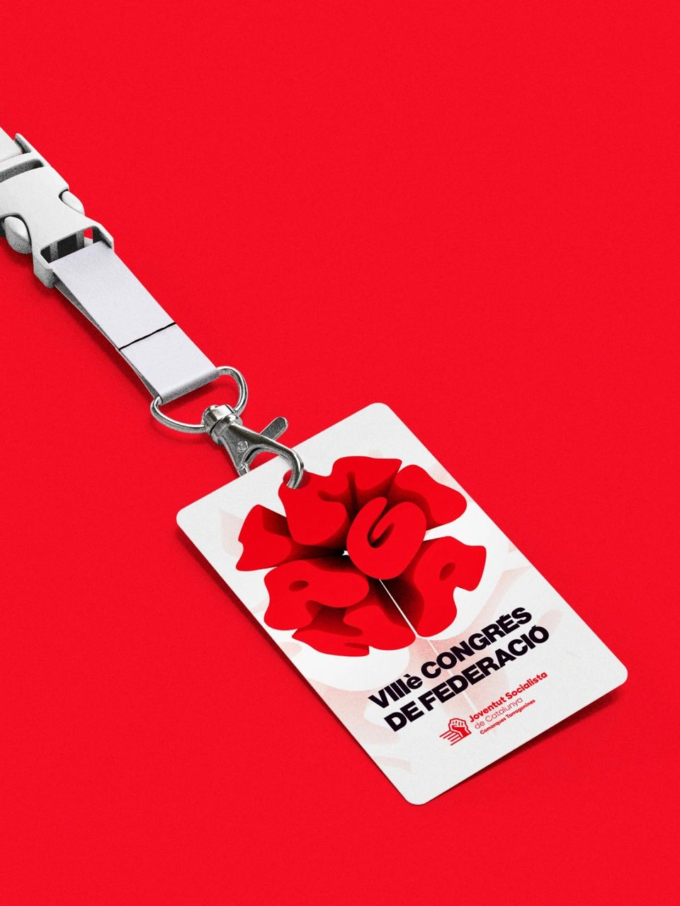Imagina congress accreditation with a white lanyard on a red background.