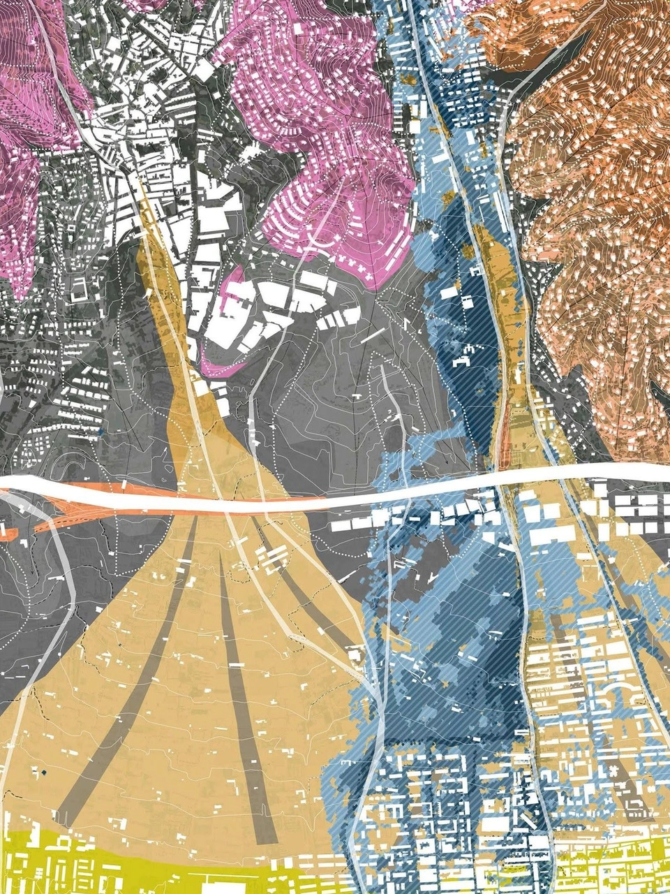 Architectural map with contour lines, building footprints and coloured landscape corridors in pink, blue, orange and yellow.