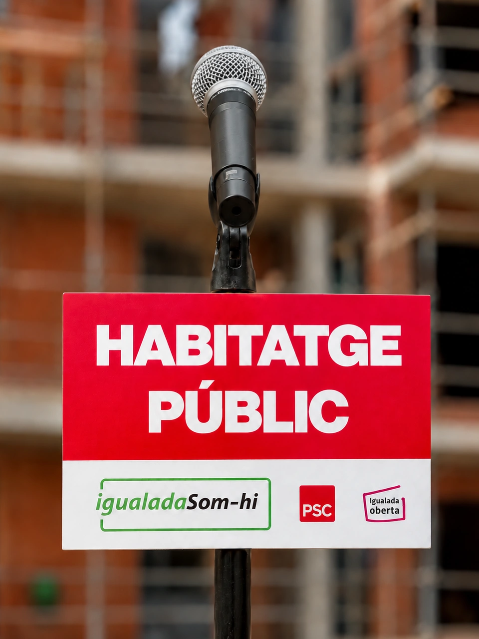 Microphone with a Habitatge públic placard in front of blurred apartments under construction.