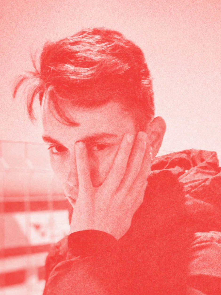 Samemess portrait with a hand against the face, treated in luminous red and pale pink with a printed texture.