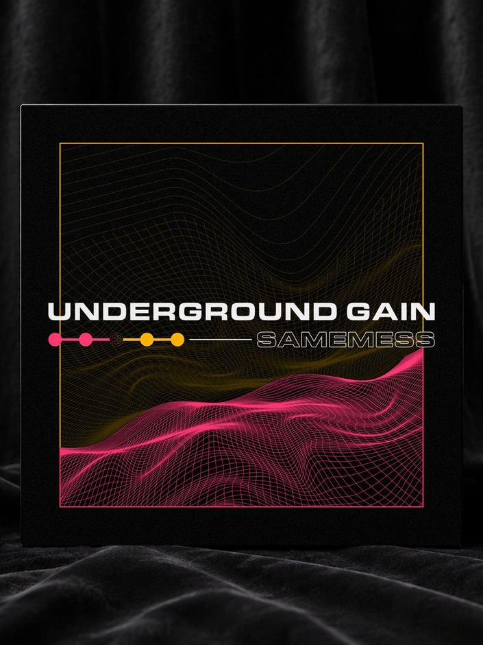 Underground gain EP sleeve with pink and yellow waveforms on black, standing against dark velvet curtains.